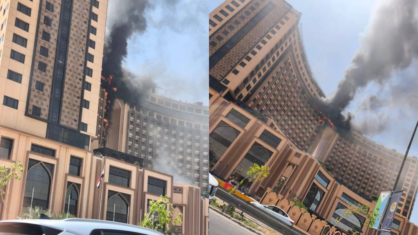 حريق ضخم في فندق قلب العالم وسط بغداد